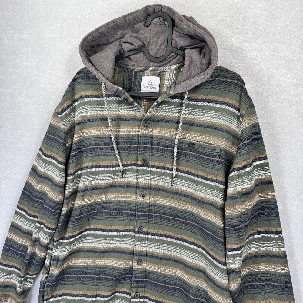 ASCEND Mens Medium Long Sleeve Hooded Shirt Jacket Shacket Green‎ Black Stripe